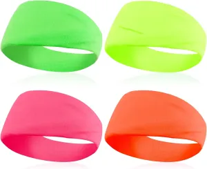 4PCS 80s 90s Neon Headband for Women Neon Accessories Sweat Hairbands Non-Slip Sports Headband Sweatbands Retro Party Cospaly