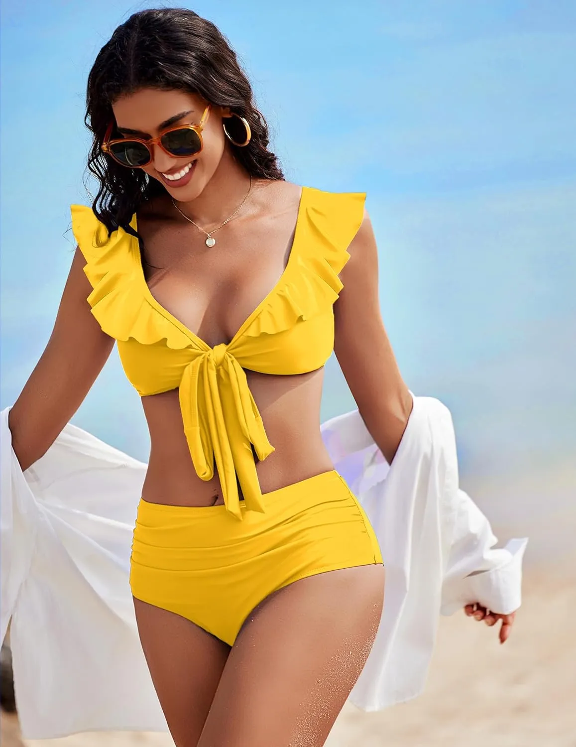AI'MAGE Women High Waisted Bikini Sets Tummy Control Swimsuits Ruffle Sleeve Two Piece Bathing Suit V Neck Swimwear S-XXL