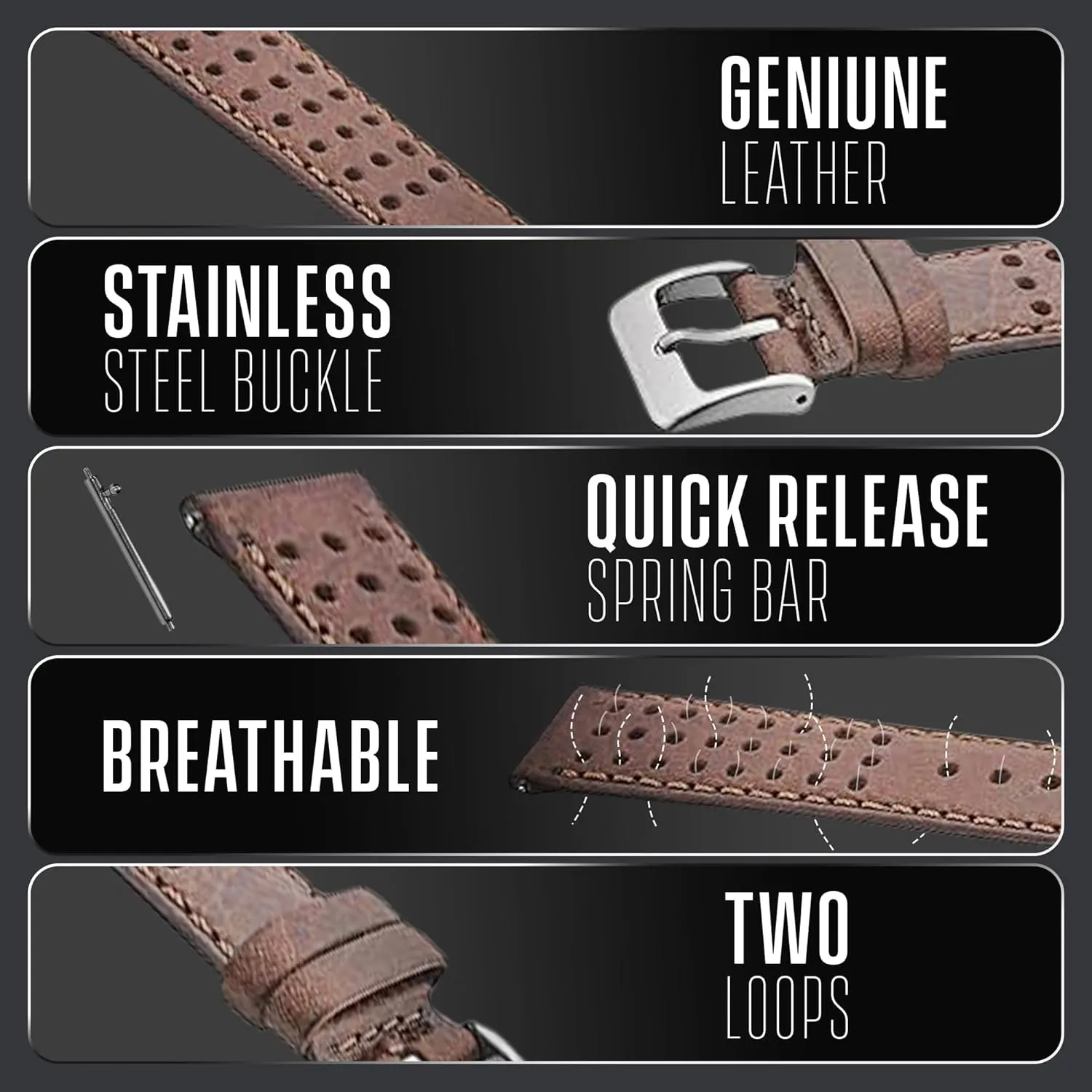 ALPINE Genuine Perforated Leather for Watch Band - Quick Release Replacement Watch Bands for Women & Men - Stainless Steel Buckles - Compatible with Regular & Smart Watch Bands