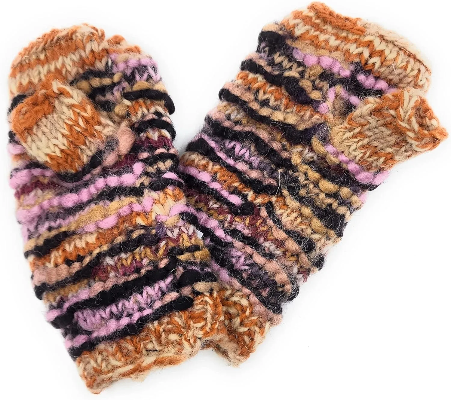 Ayuni Gifts of the World Hand Knit Ridged Wool Fingerless Texting Gloves or Mittens Fleece Lined Made in Nepal