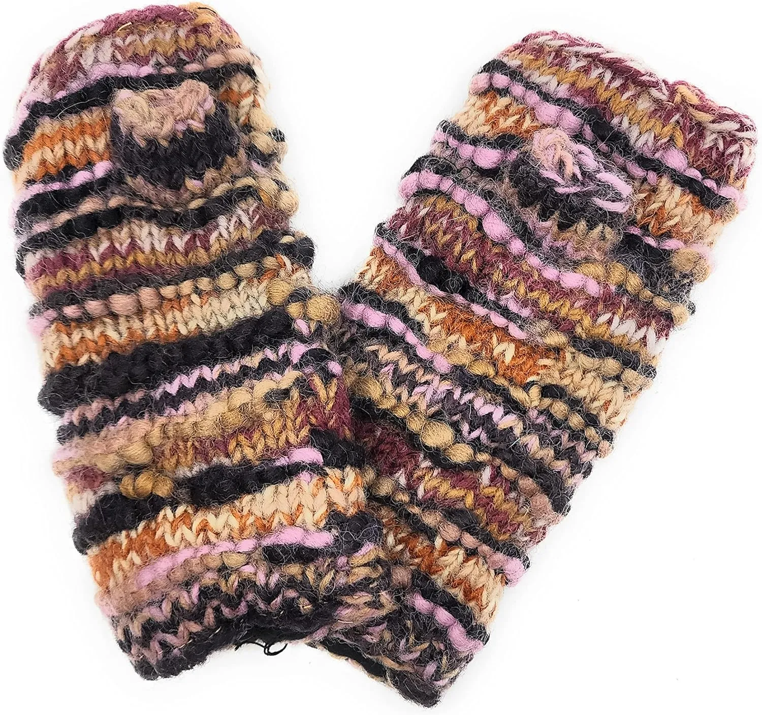 Ayuni Gifts of the World Hand Knit Ridged Wool Fingerless Texting Gloves or Mittens Fleece Lined Made in Nepal