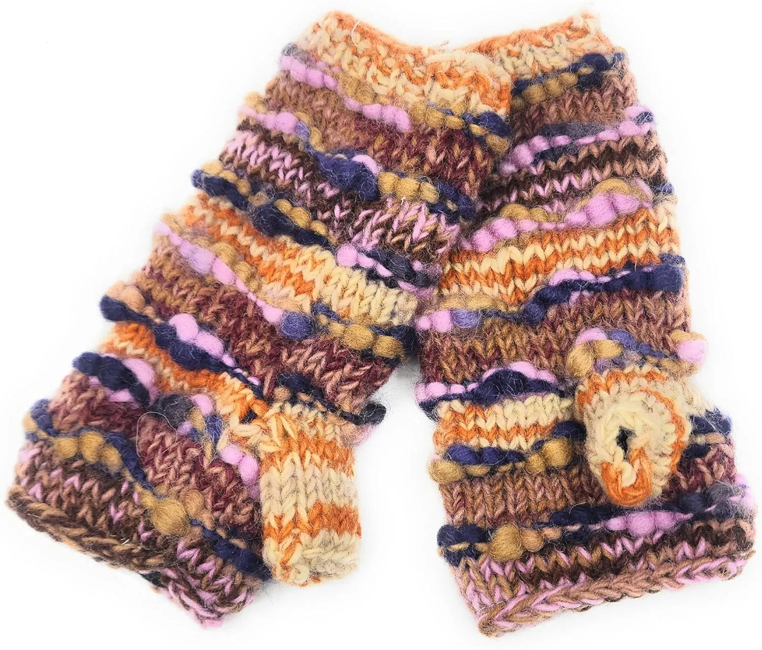 Ayuni Gifts of the World Hand Knit Ridged Wool Fingerless Texting Gloves or Mittens Fleece Lined Made in Nepal