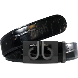 Black Crocodile Textured Leather Belt with Classic Matte Black Thru Buckle
