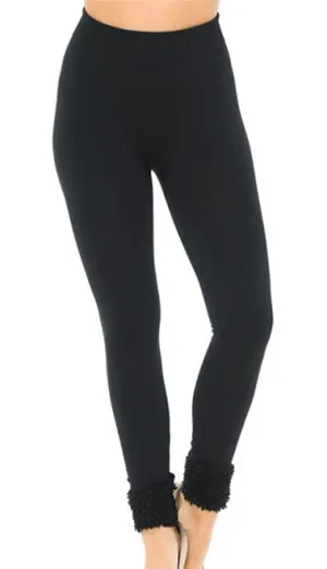 Black Poly Fur Hem Cuffed Fleeced Lined Leggings