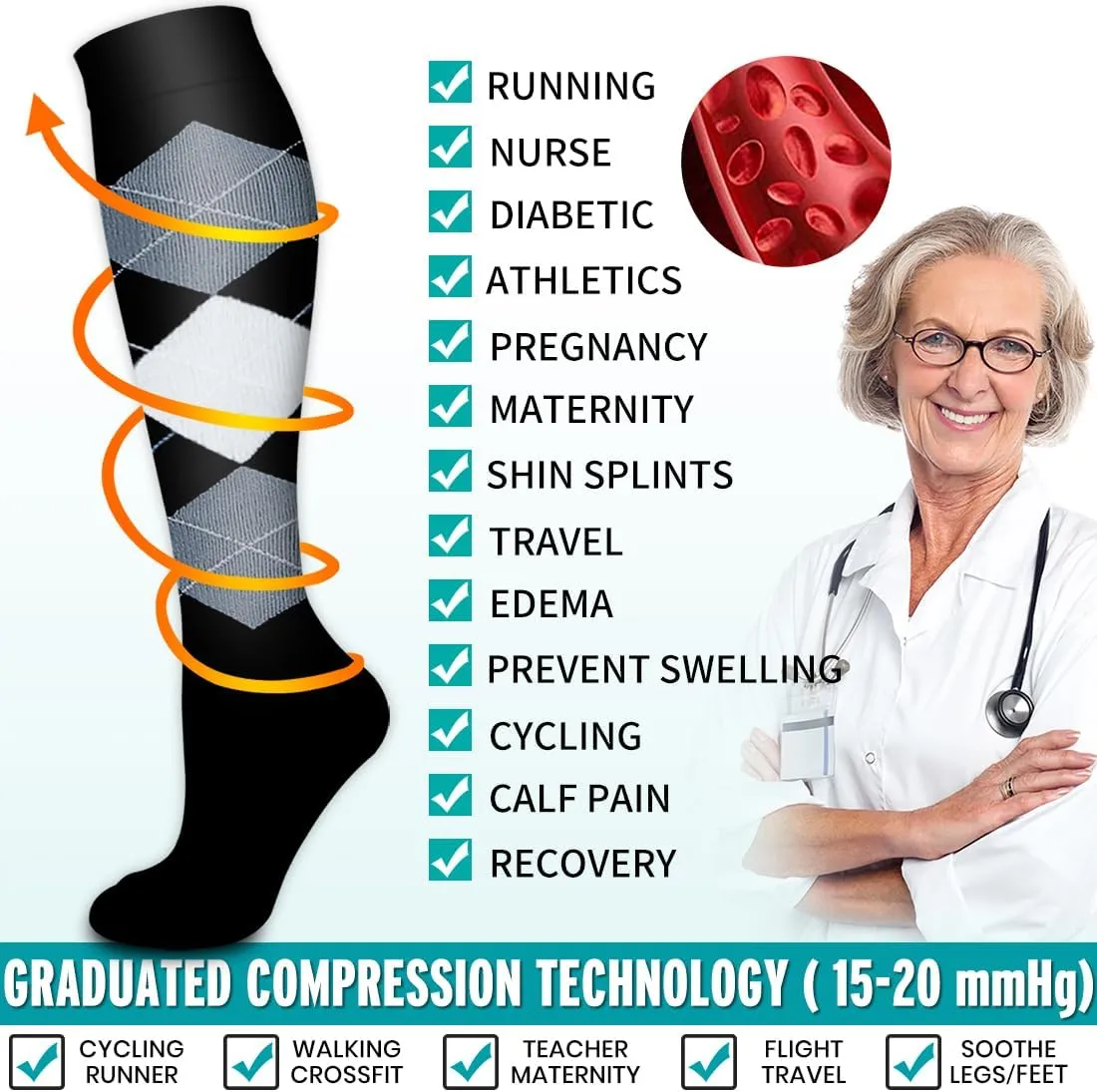 BLUEENJOY Copper Compression Socks for Women & Men (6 pairs) - Best Support for Nurses, Running, Hiking, Recovery