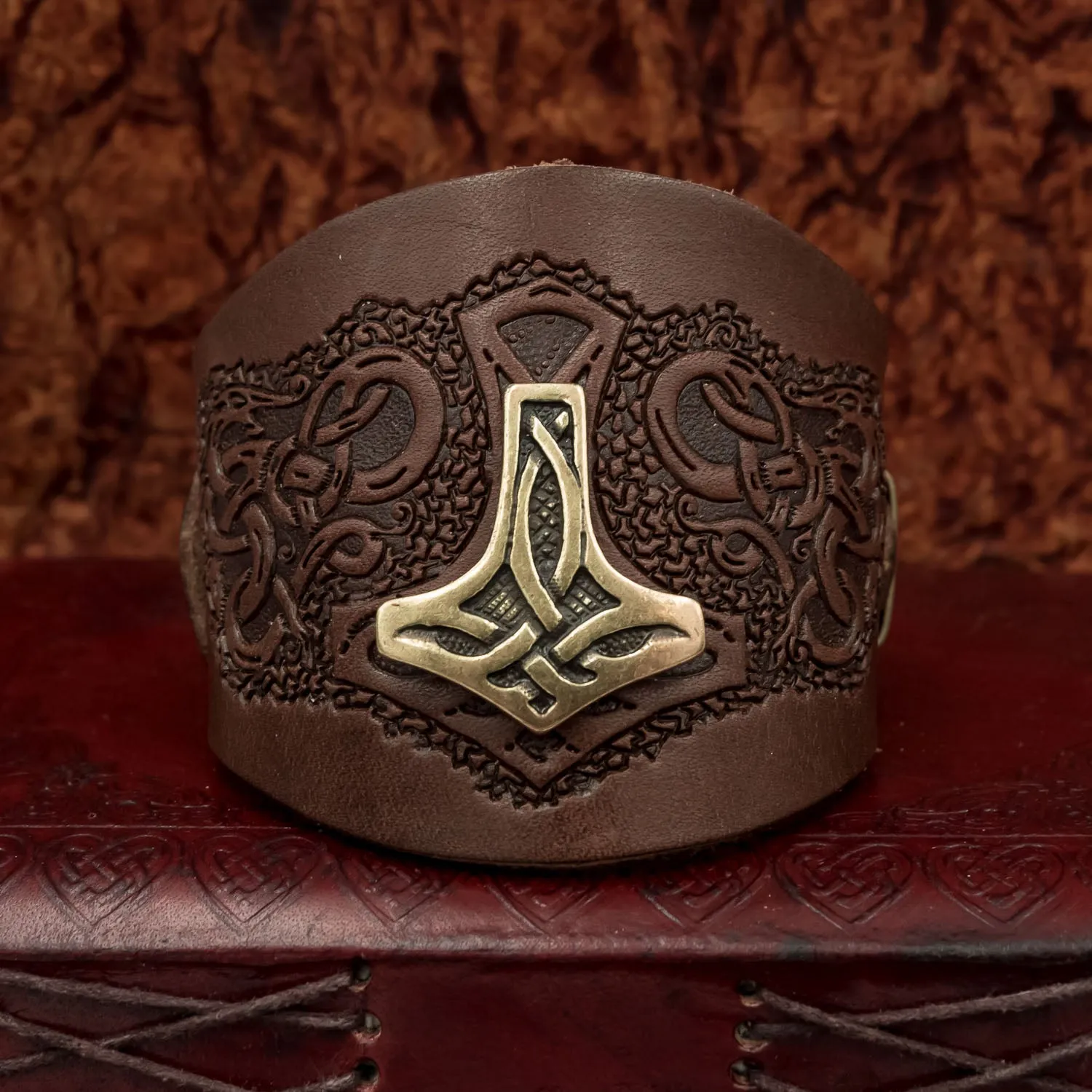 Brown Mjolnir Leather Wide Cuff