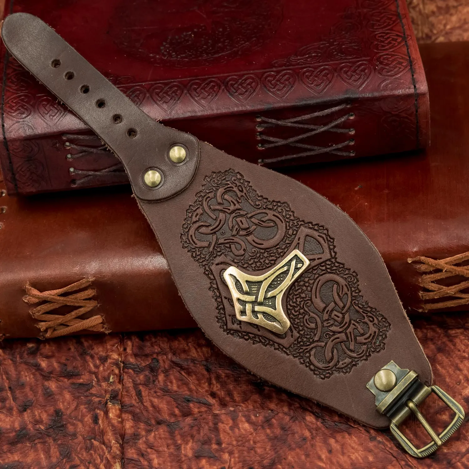 Brown Mjolnir Leather Wide Cuff