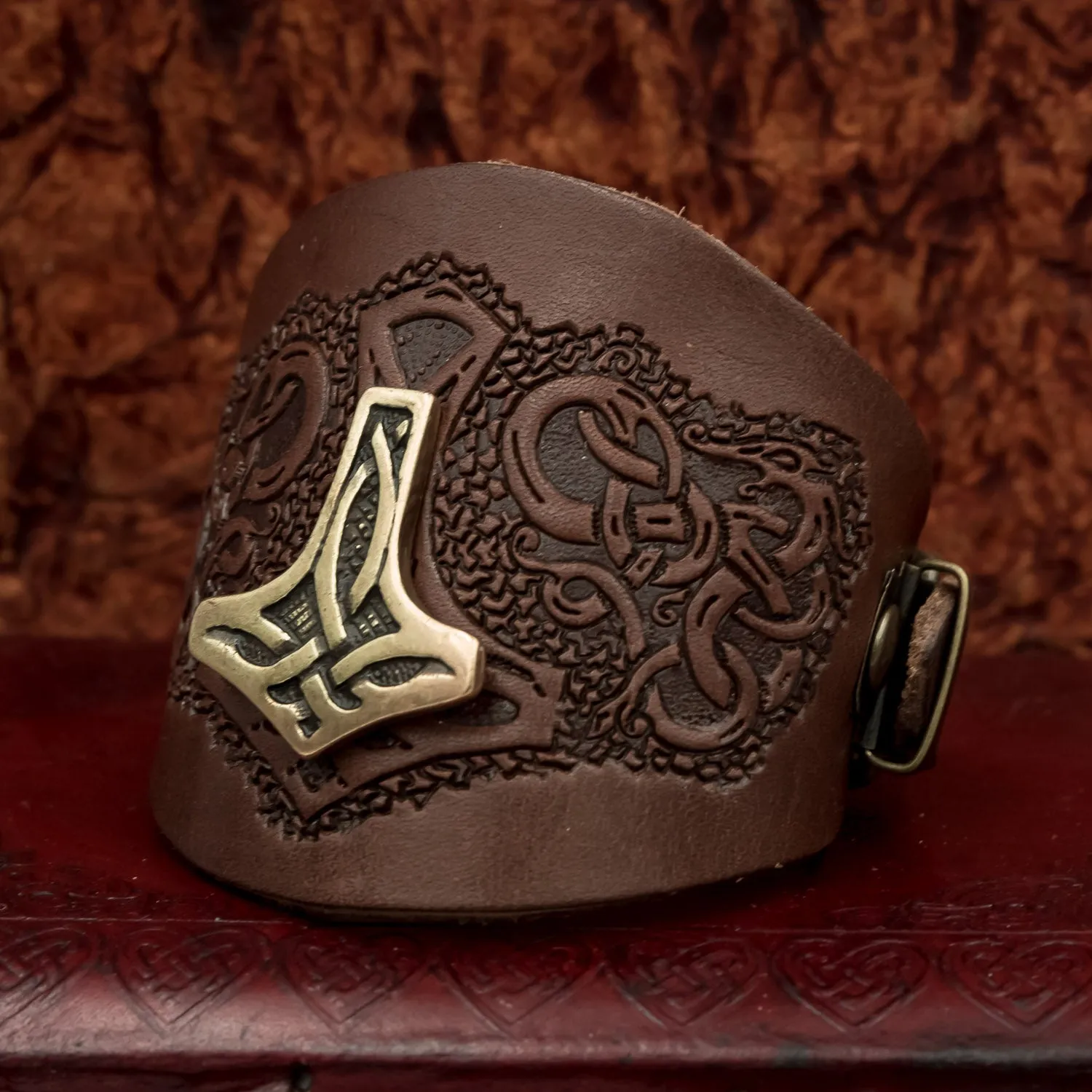 Brown Mjolnir Leather Wide Cuff