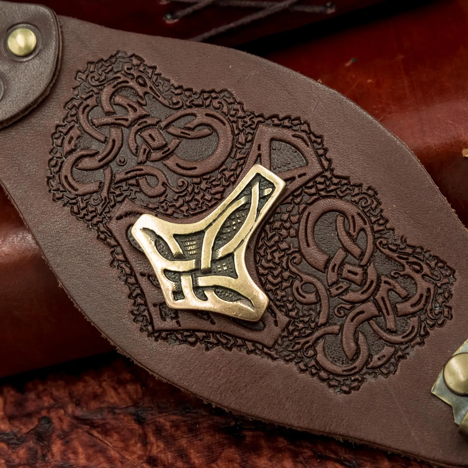 Brown Mjolnir Leather Wide Cuff