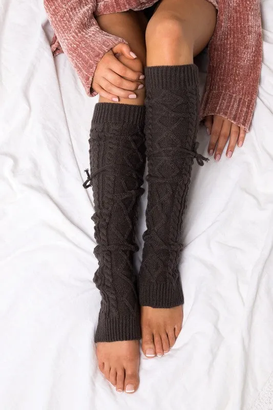 Cable Knit Long Tie Leg Warmers
