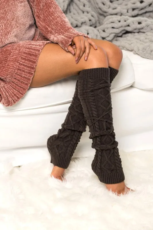 Cable Knit Long Tie Leg Warmers