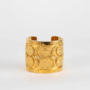 Chanel Gold Vintage CC Coin Stamp Wide Cuff Bracelet