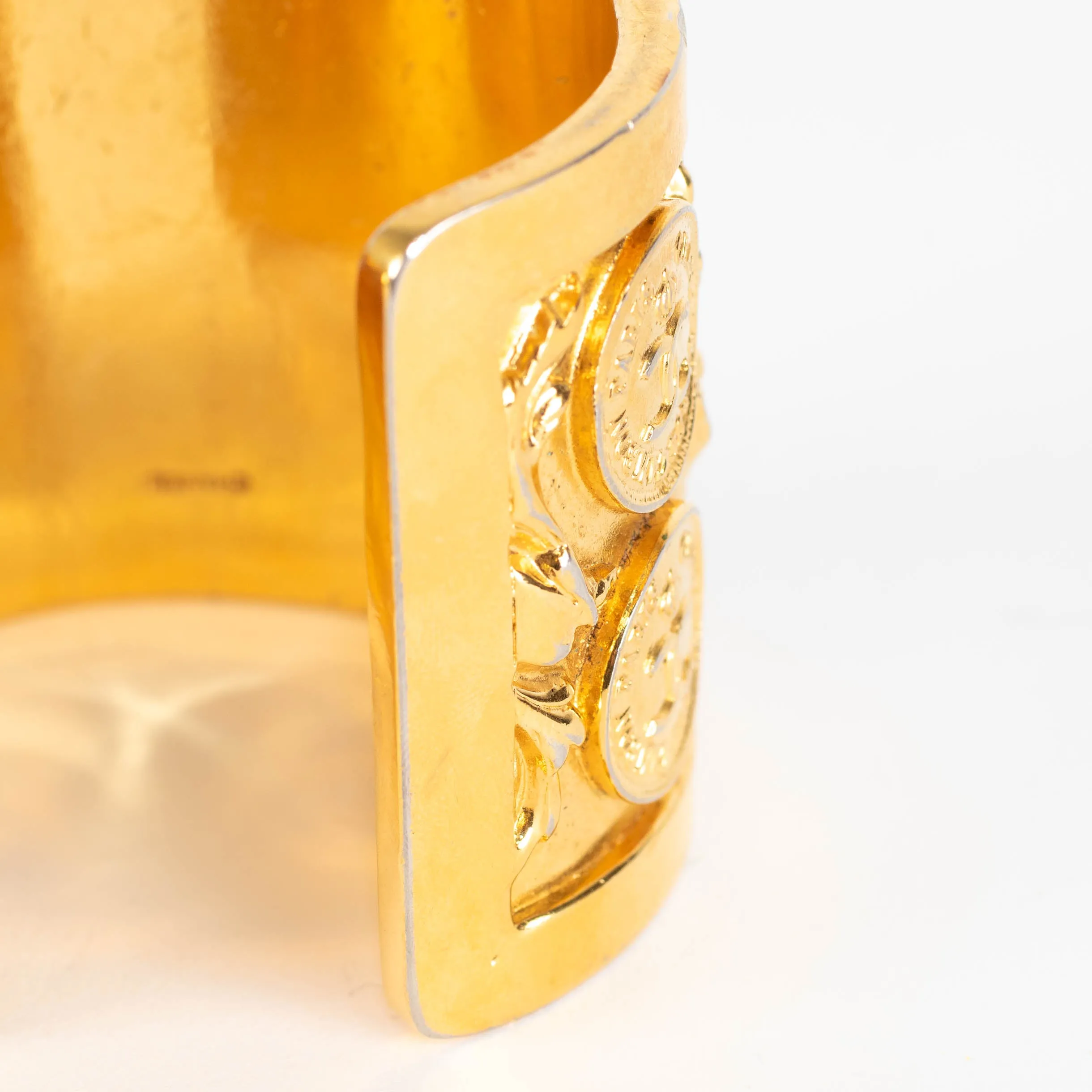 Chanel Gold Vintage CC Coin Stamp Wide Cuff Bracelet