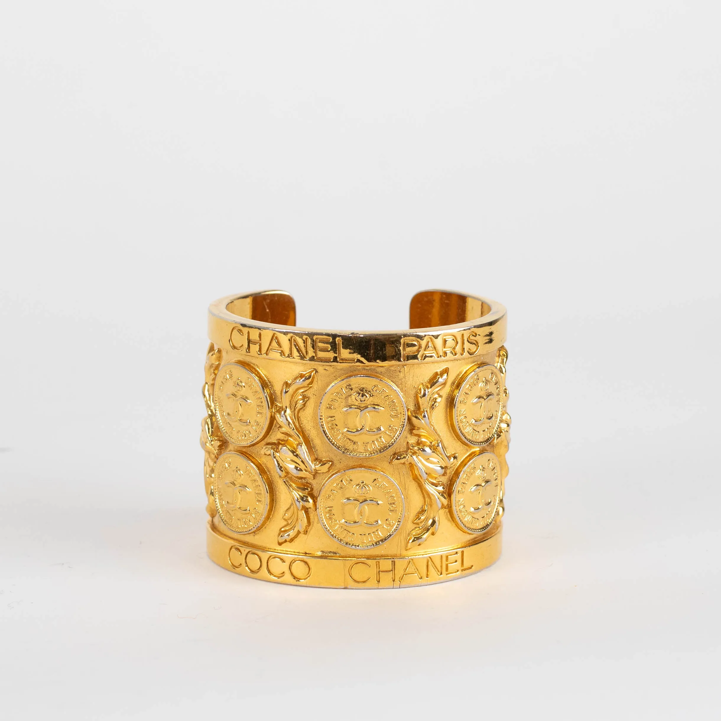 Chanel Gold Vintage CC Coin Stamp Wide Cuff Bracelet