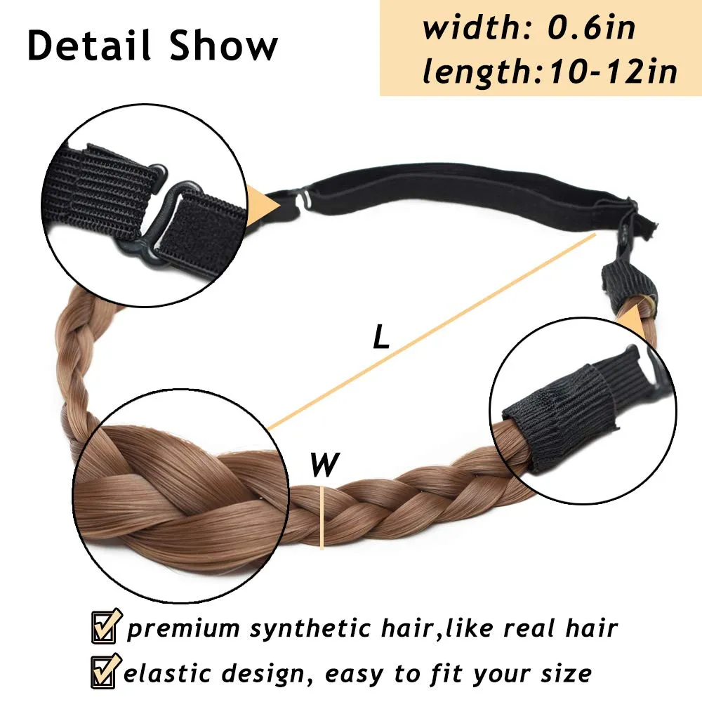 Chunky Braided Headband Elastic Hair Band with Wide Synthetic Blonde and Black Braids for Girls and Women (Small-three strands, 9/10)