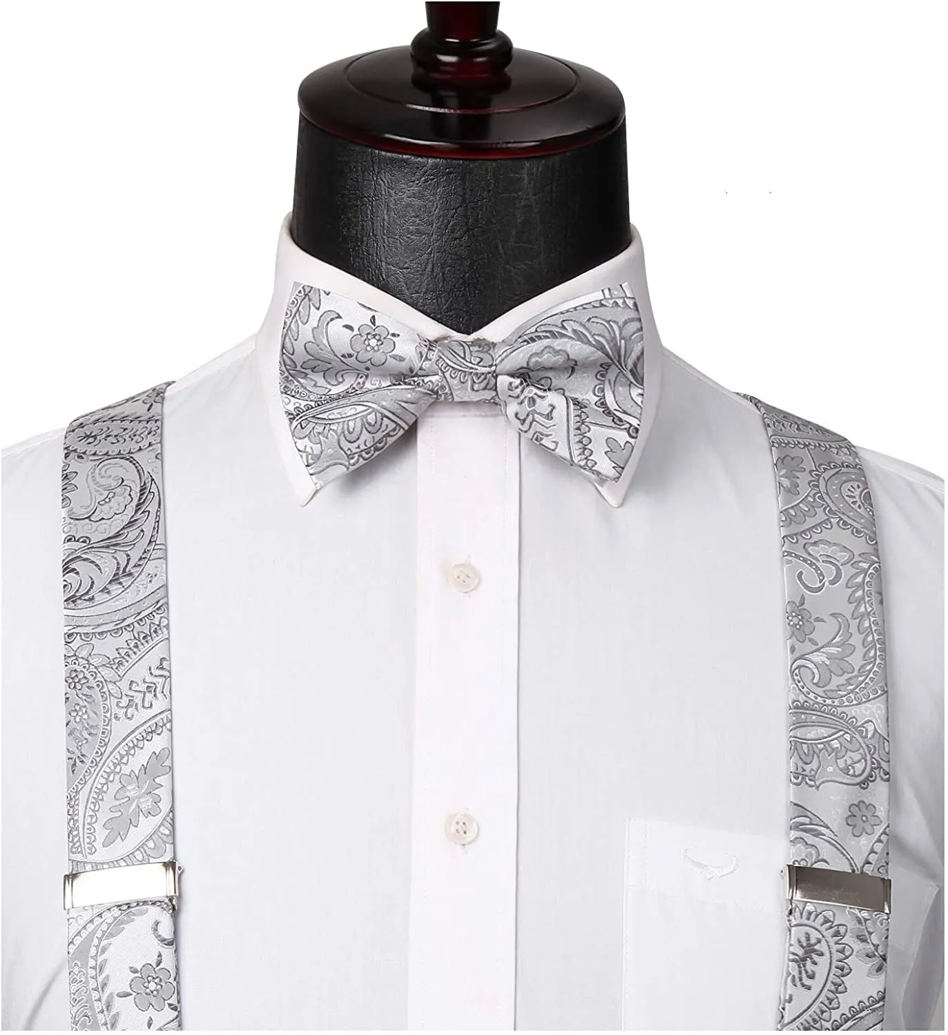 Floral Paisley Suspender Pre-Tied Bow Tie Handkerchief - B1-SILVER/GRAY