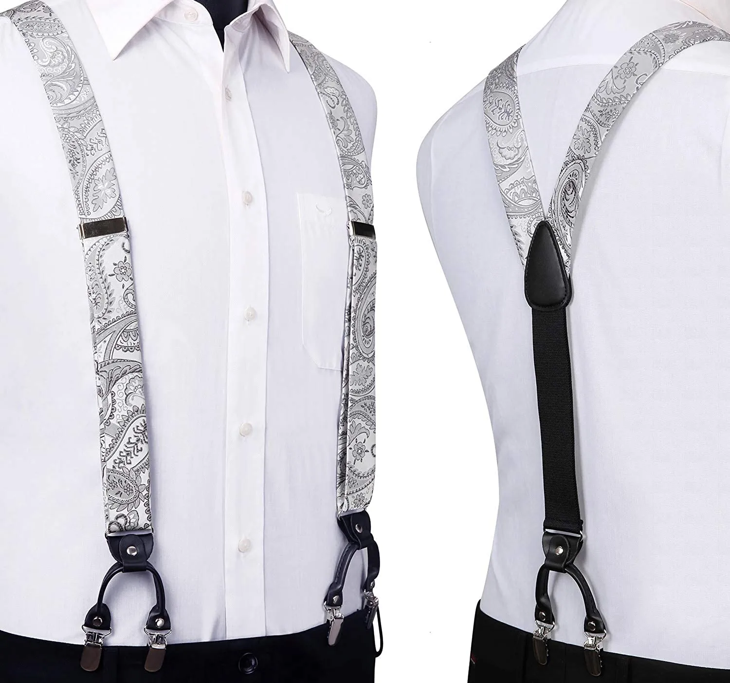 Floral Paisley Suspender Pre-Tied Bow Tie Handkerchief - B1-SILVER/GRAY