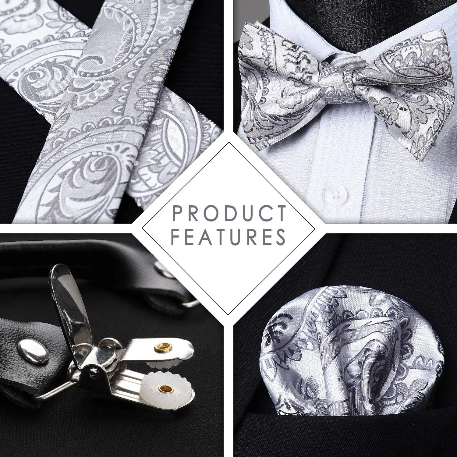 Floral Paisley Suspender Pre-Tied Bow Tie Handkerchief - B1-SILVER/GRAY
