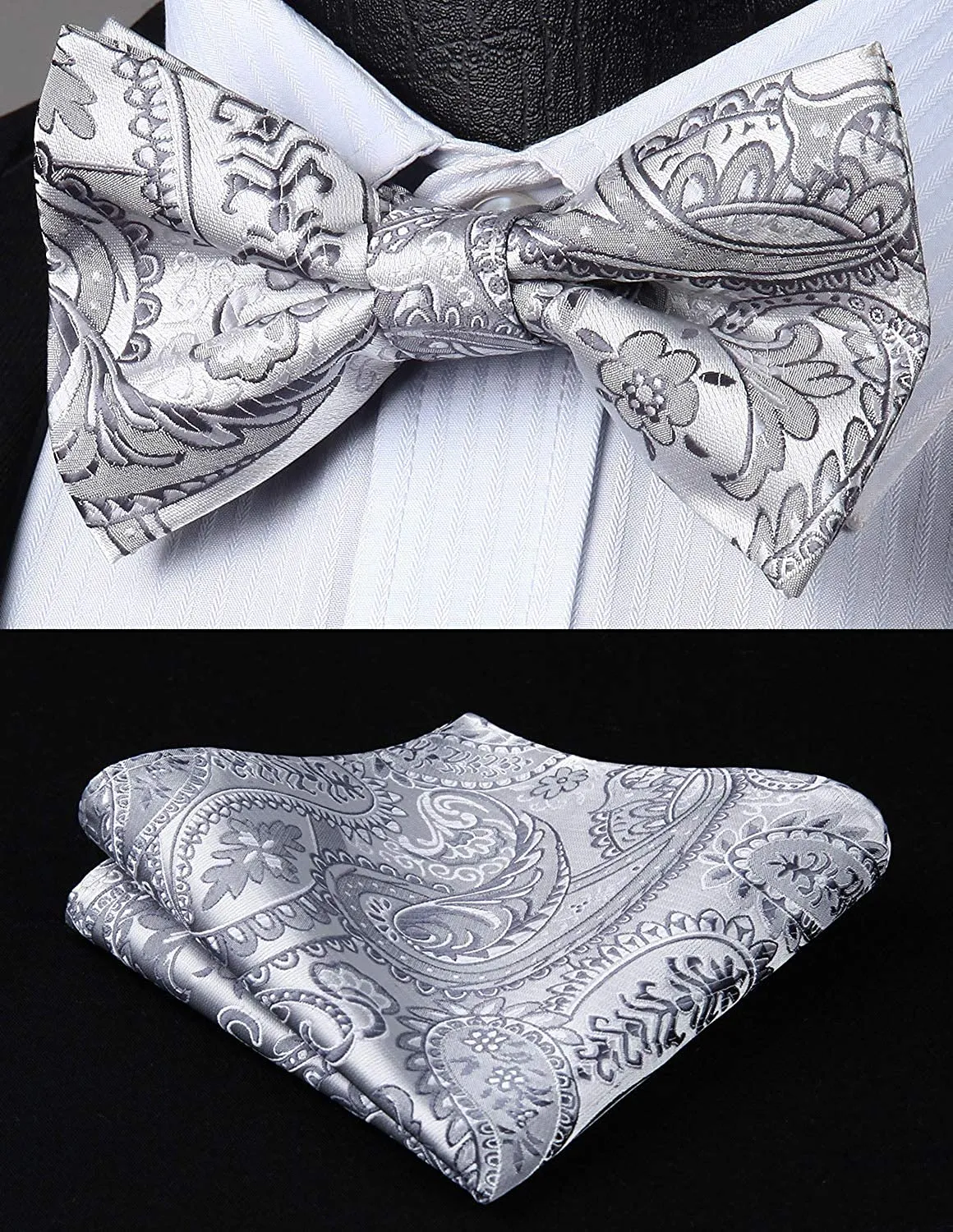 Floral Paisley Suspender Pre-Tied Bow Tie Handkerchief - B1-SILVER/GRAY