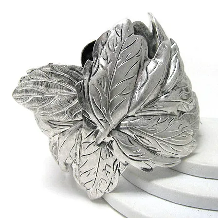 Frozen Leaves of Winter Antiqued Silvertone Cuff Bracelet 7"