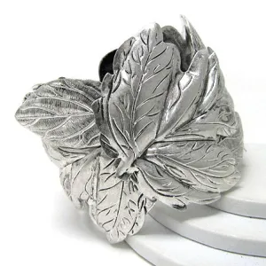 Frozen Leaves of Winter Antiqued Silvertone Cuff Bracelet 7"