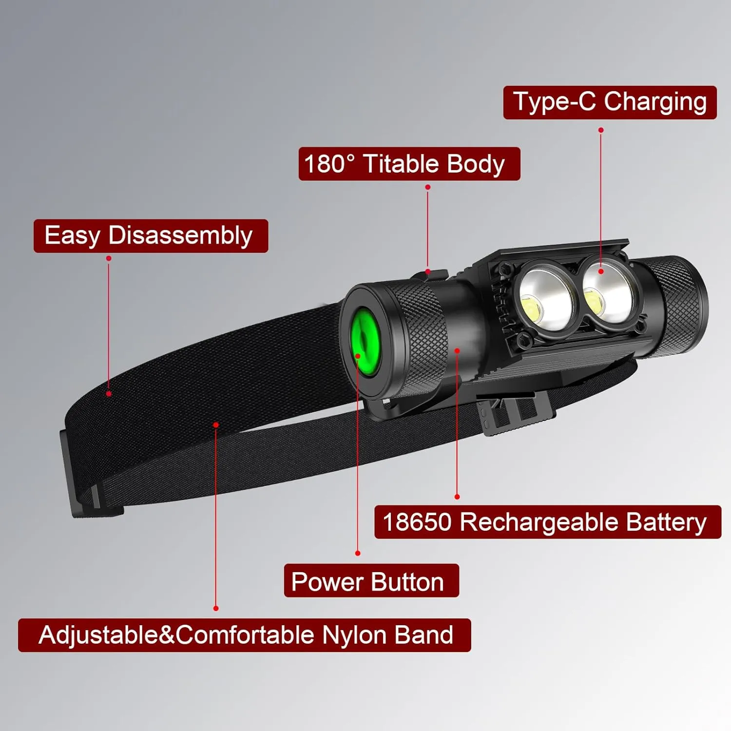 Headlamp Rechargeable, High Lumen Super Bright 180Beam LED Head Lamp, Head Lights for Forehead, IPX6 Headlamps for Adults, 6 Modes, Fishing, Camping, Running, and Walking Dogs (H25A)
