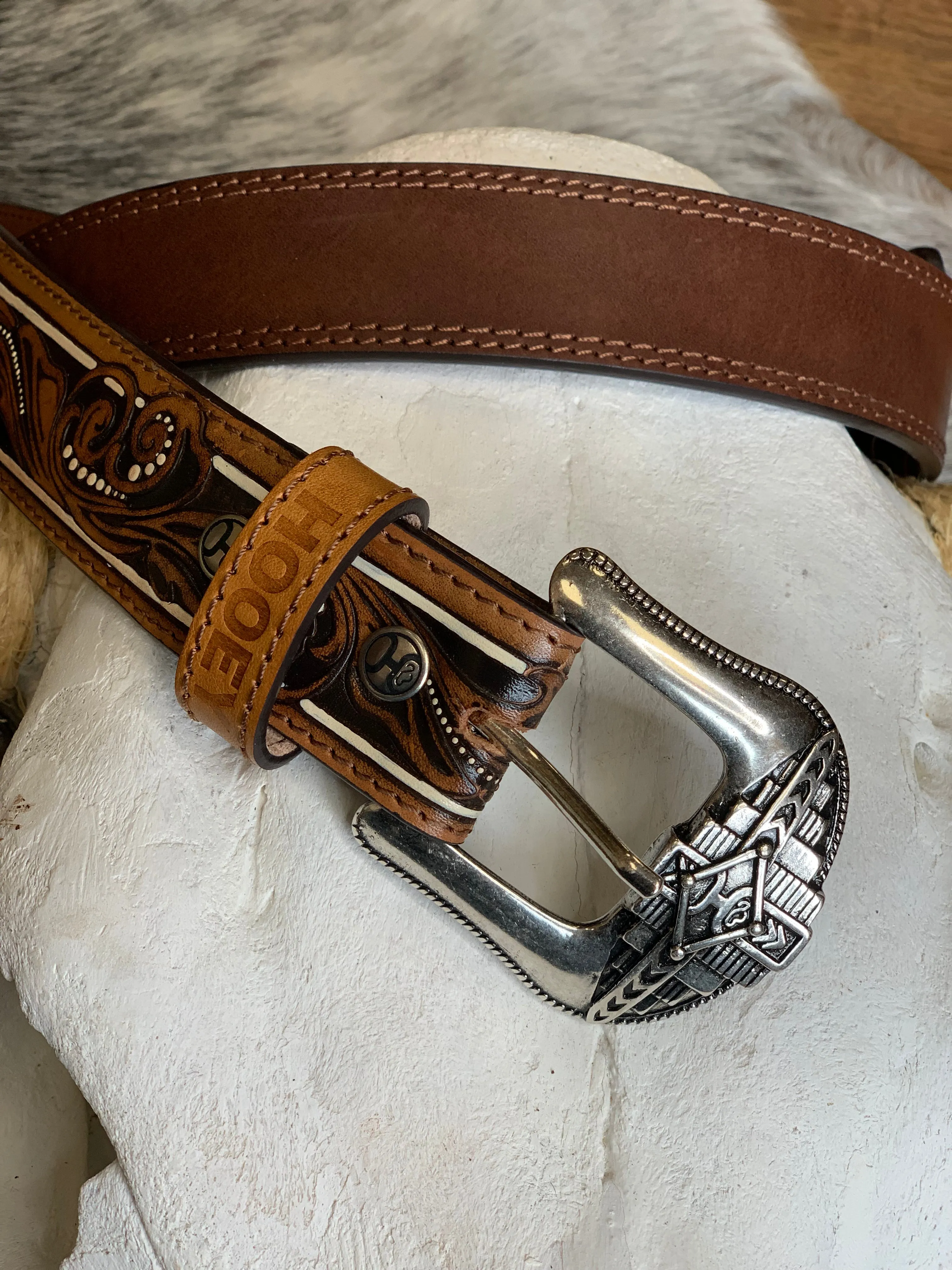 Hooey Brown Aztec Filigree & Ivory Accents Leather Belt HMBLT023