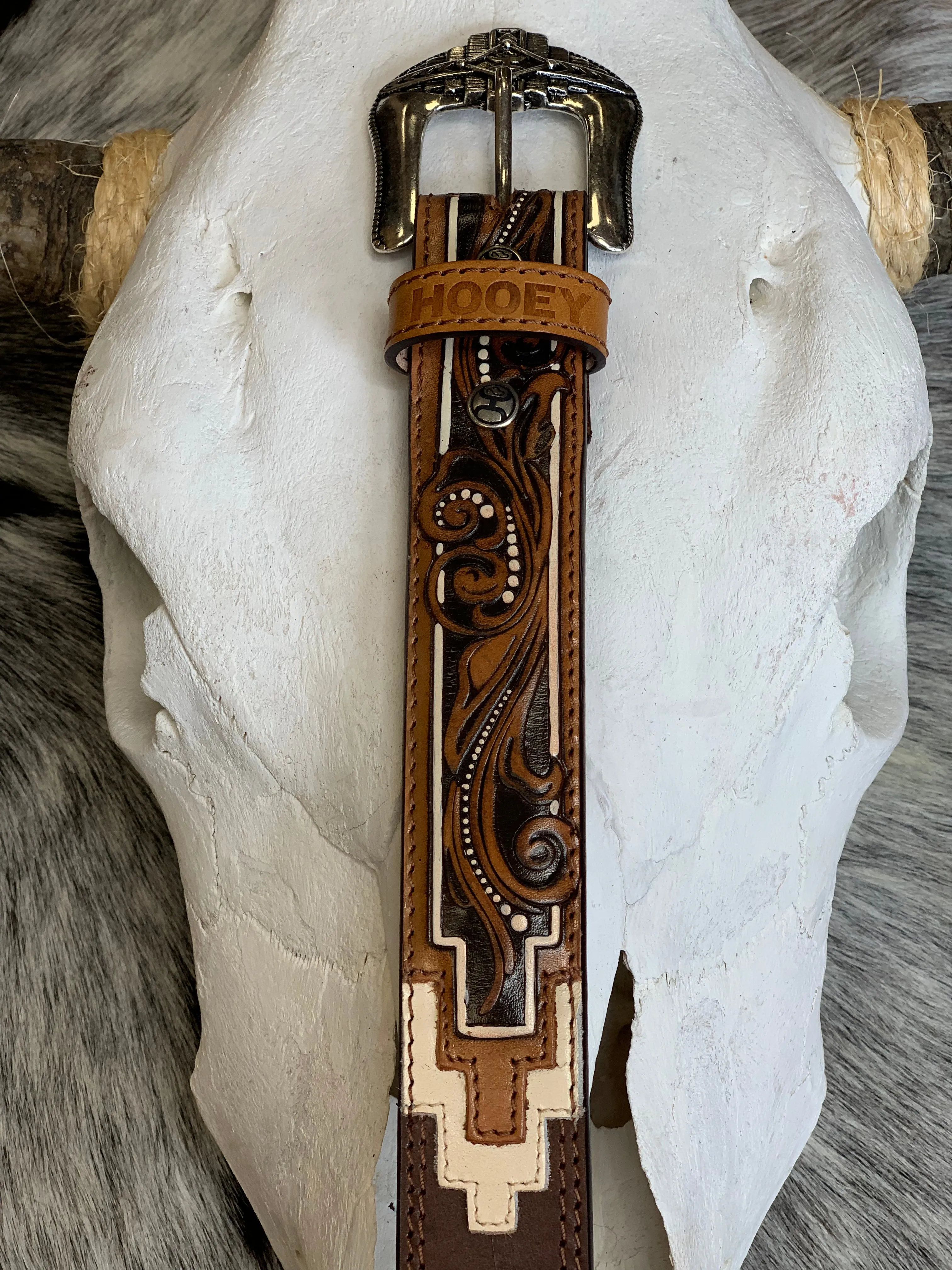 Hooey Brown Aztec Filigree & Ivory Accents Leather Belt HMBLT023