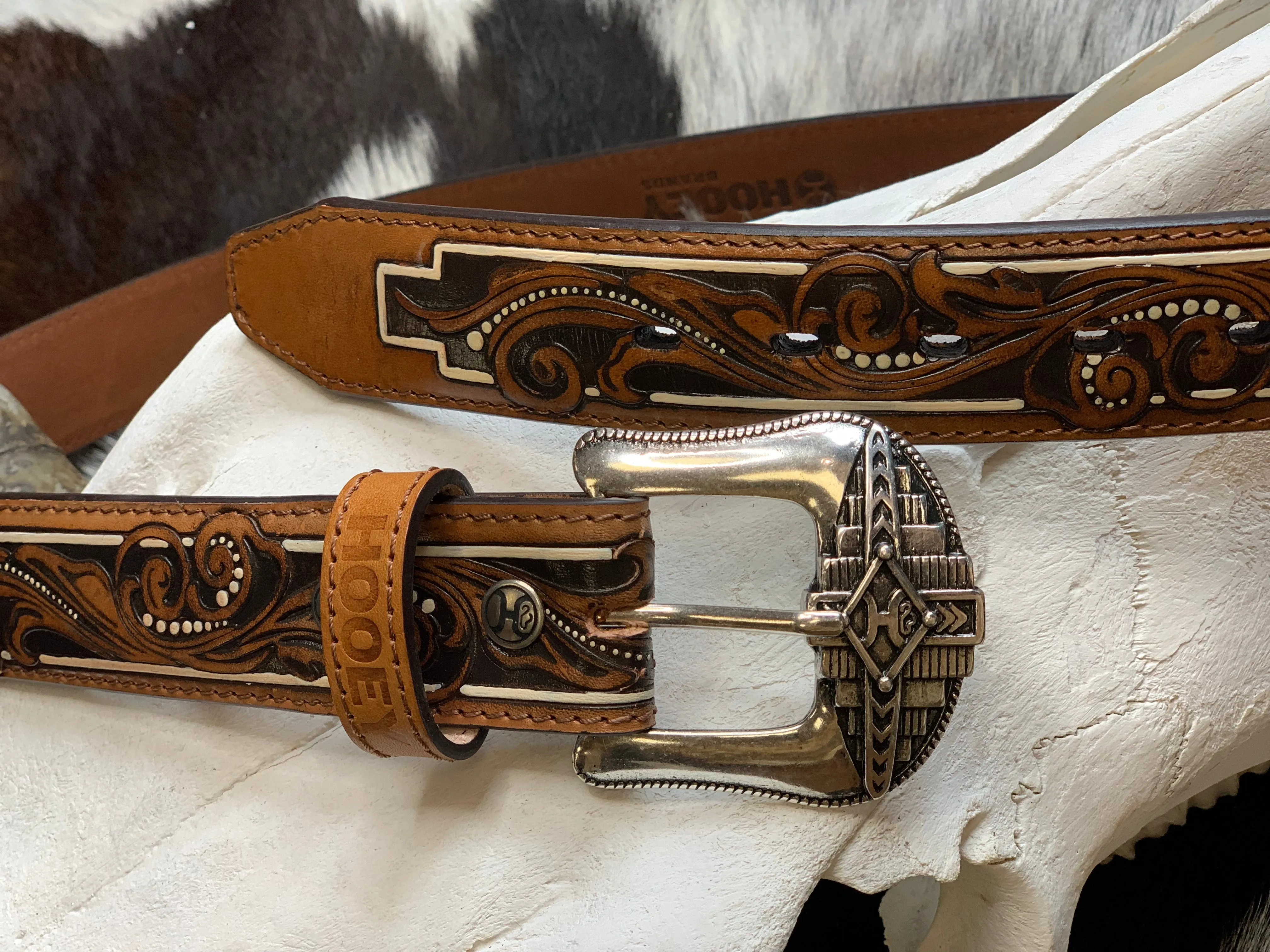 Hooey Brown Aztec Filigree & Ivory Accents Leather Belt HMBLT023