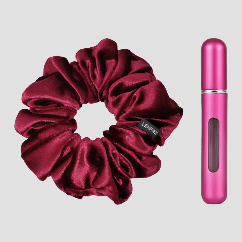Intense Burgundy Velvet Scrunchie - Berry Pink Mini Perfume Spray Btl.
