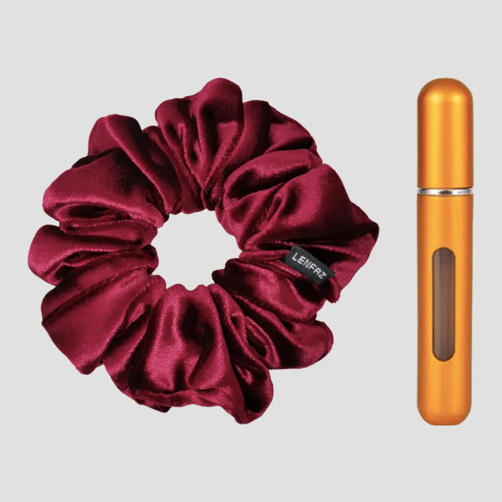 Intense Burgundy Velvet Scrunchie - Sunset Yellow Mini Perfume Spray Btl.