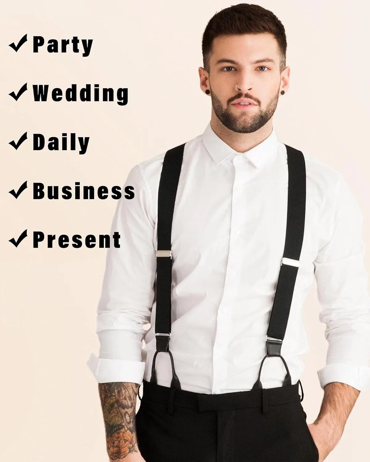 Kajeer Men Button Suspenders Adjustable, Heavy Duty Y-Back Elastic Tuxedo Elastic Mens Suspenders with Leather Buttons End