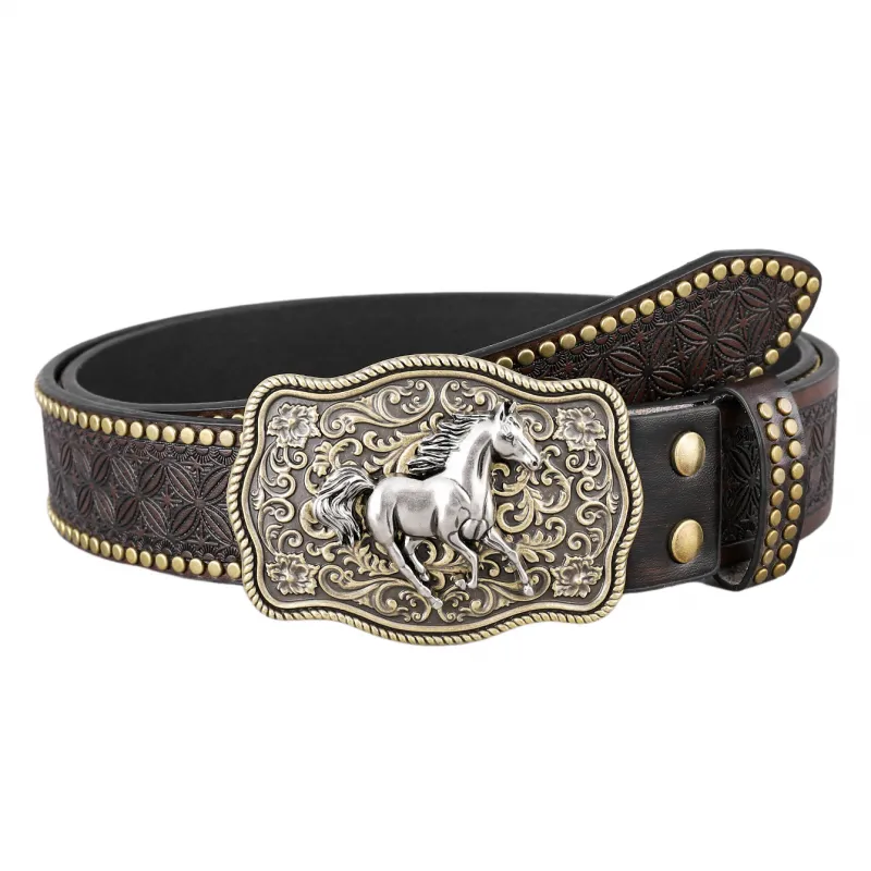 Men's Vintage Embossed Rivet Western Cowboy Leather Belt 73952903M