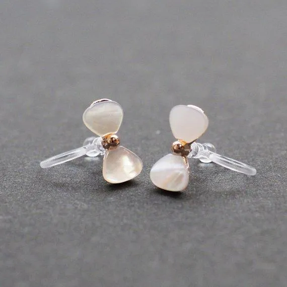 Mother Of Pearl Bow Tie Invisible Clip On Stud Earrings (Gold tone)