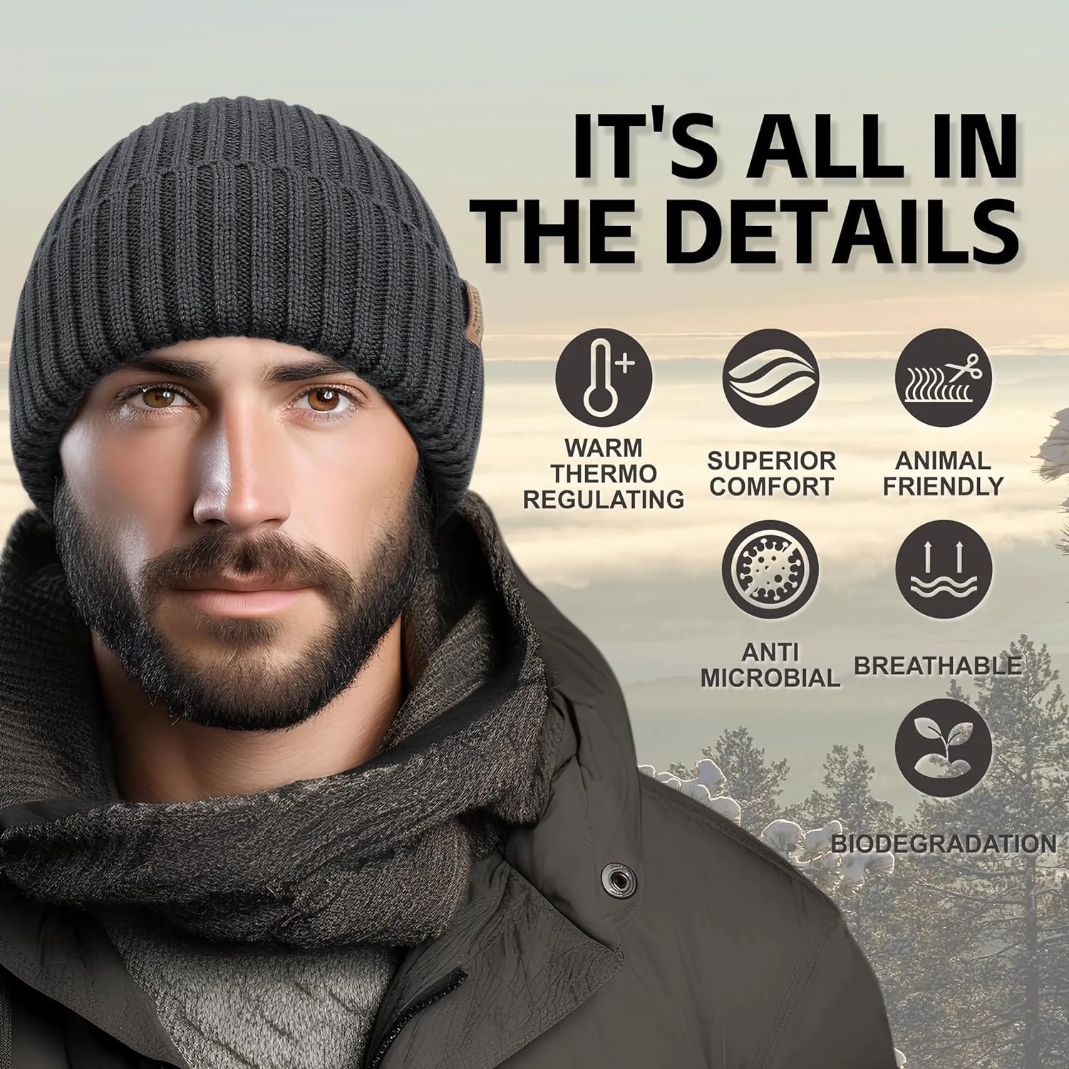 OUTDOOR SHAPING Merino Wool Beanie for Men & Women, Unisex Daily Cuffed Plain Knit Hat, Soft Warm Winter Hat