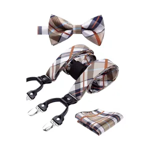 Plaid Suspender Pre-Tied Bow Tie Handkerchief - B3-MAROON