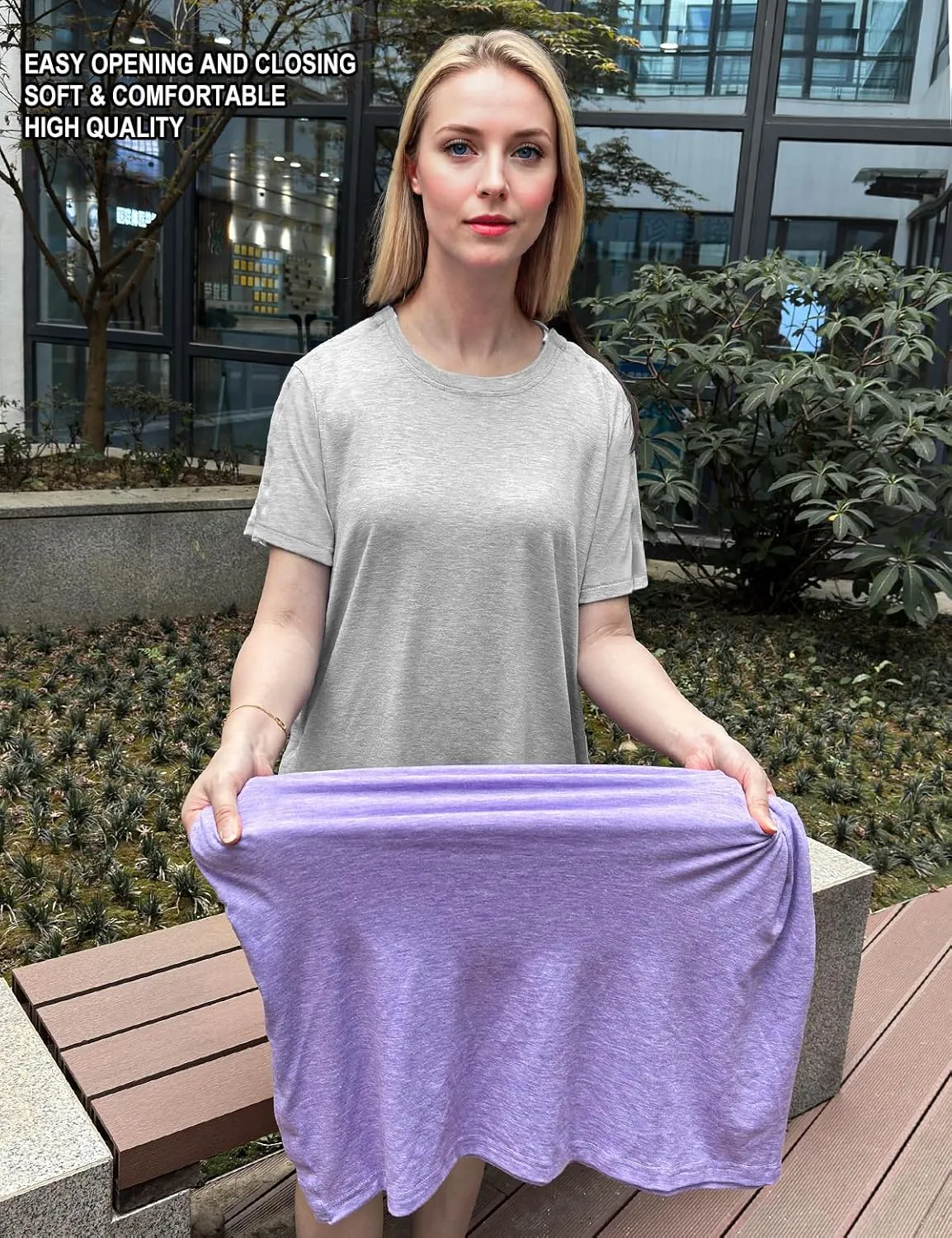 Post Shoulder Surgery Shirts for Women- Short Sleeve-Full Snap-Open Arm Shoulder Recovery Clothing Chemo Clothing