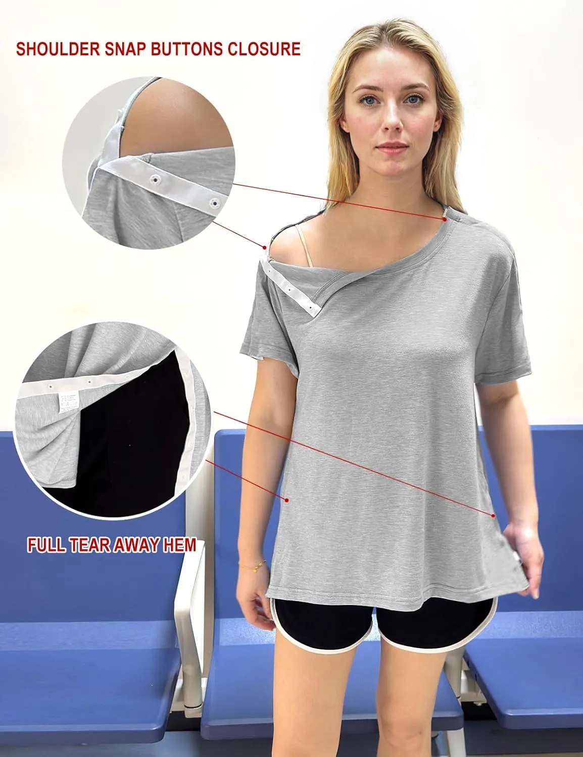 Post Shoulder Surgery Shirts for Women- Short Sleeve-Full Snap-Open Arm Shoulder Recovery Clothing Chemo Clothing
