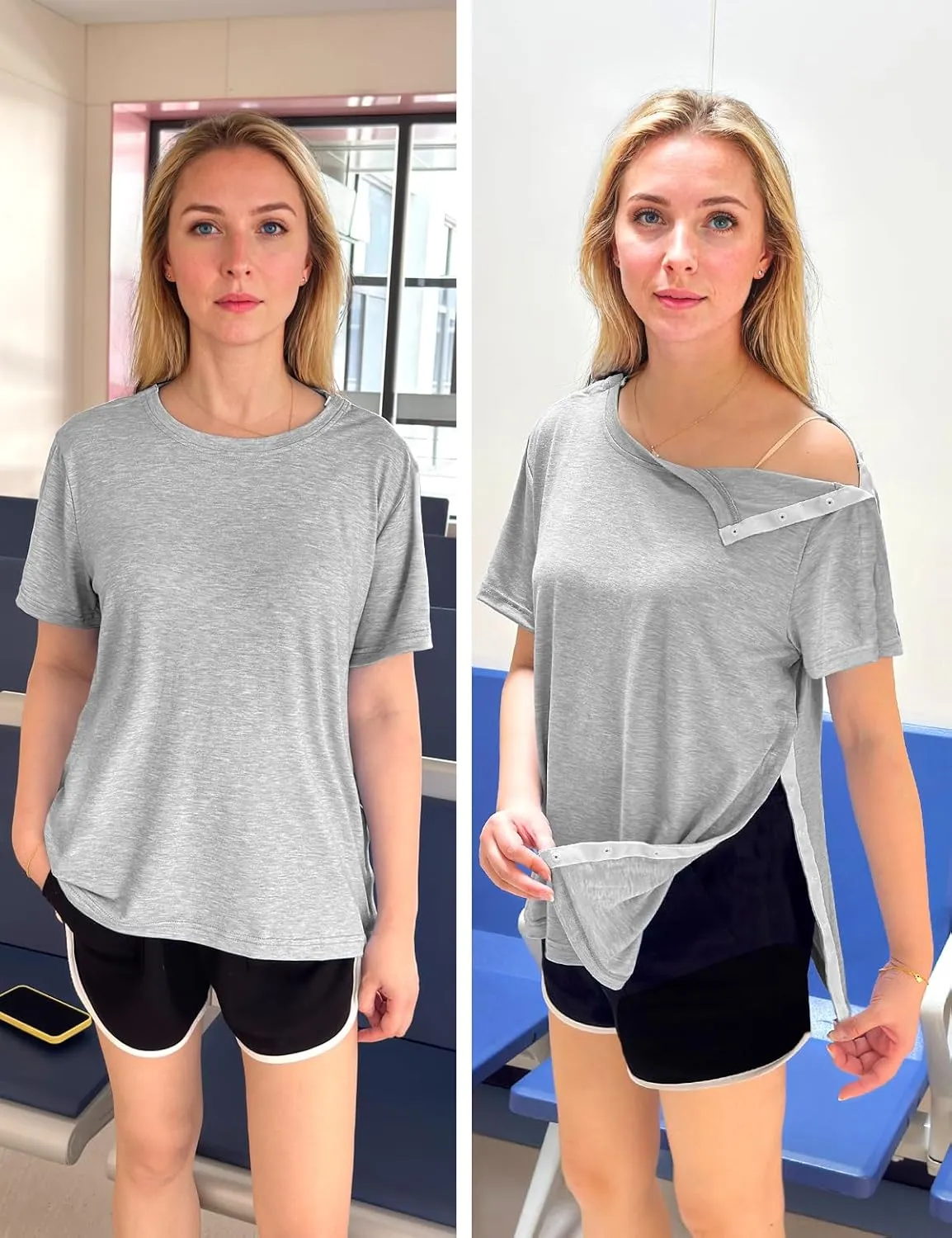Post Shoulder Surgery Shirts for Women- Short Sleeve-Full Snap-Open Arm Shoulder Recovery Clothing Chemo Clothing