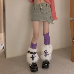 Purple cross furry y2k garter leg warmers