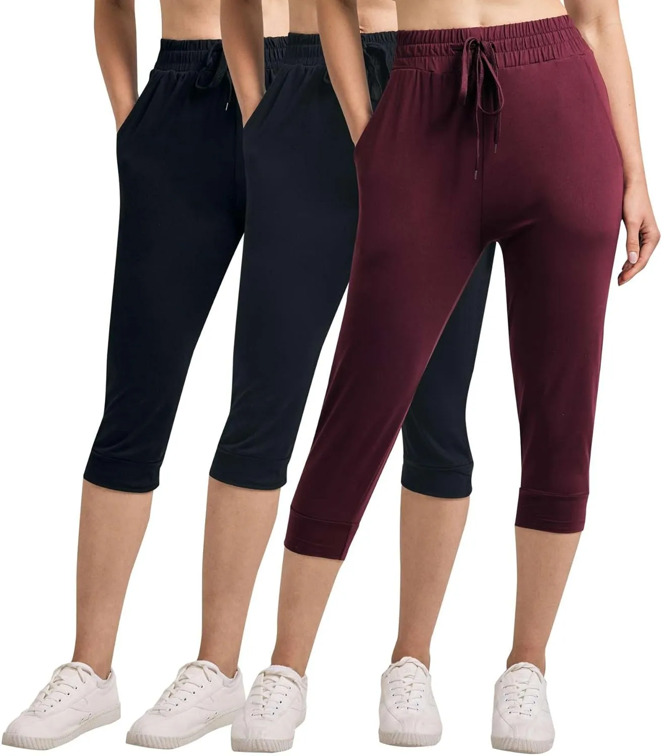 Real Essentials 3-Pack: Women's Ultra Soft Lounge Capri Joggers Sweatpants Athletic Yoga with Pockets(Available in Plus Size)
