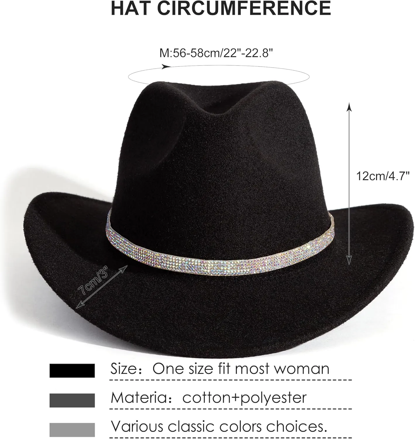 Rhinestone Cowgirl Cowboy Hat Shiny Wide Brim Hat for Party