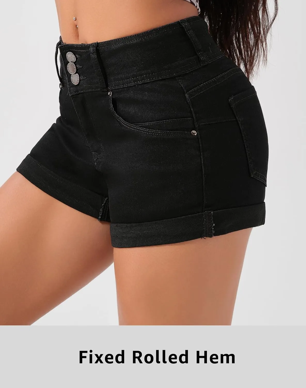 roswear Women's High Waisted Stretchy Denim Shorts Cuffed Jean Shorts