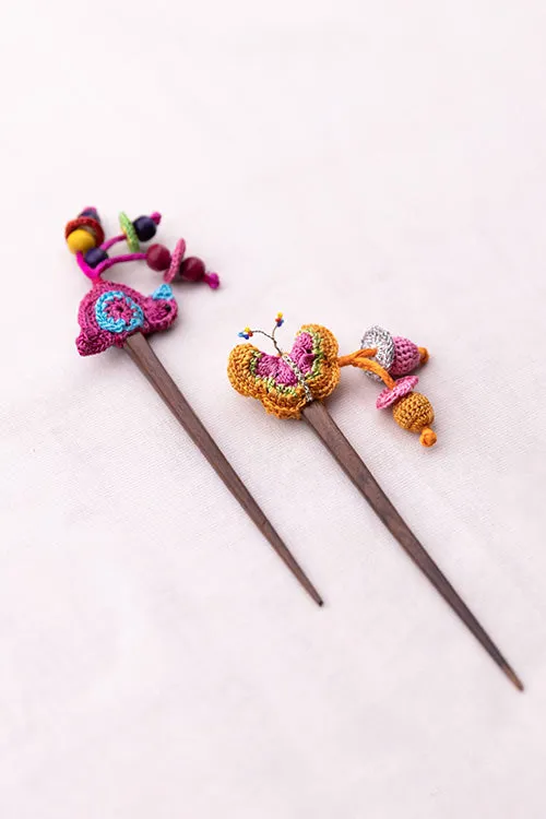 Samoolam Handmade Crochet Hairstick ~ Bird & Flowers Multicolour - Pair