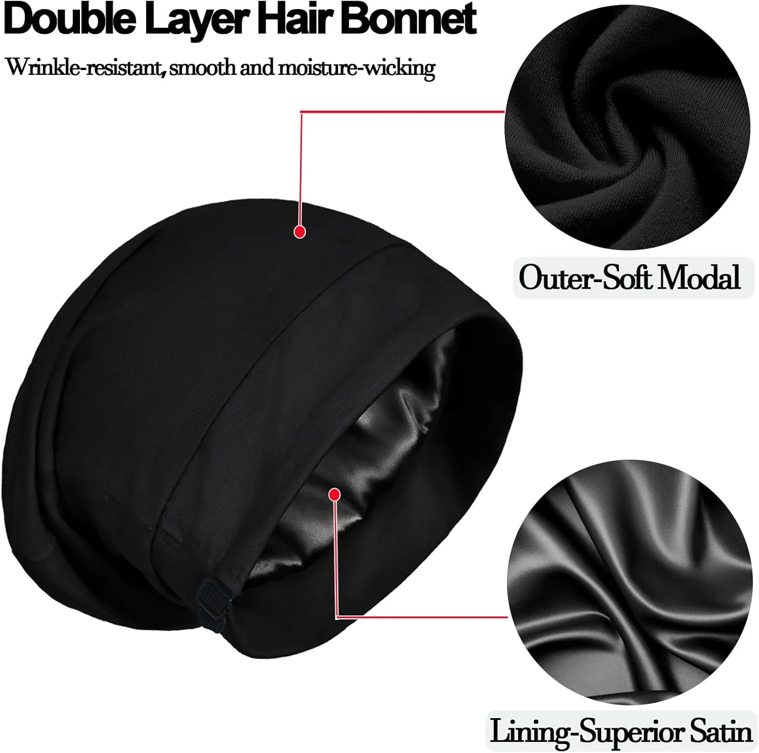 Satin Bonnet for Sleeping Night Cap, Adjustable Satin Lined Silk Bonnets Sleep Cap for Curly Hair Braids Beanie Black Women