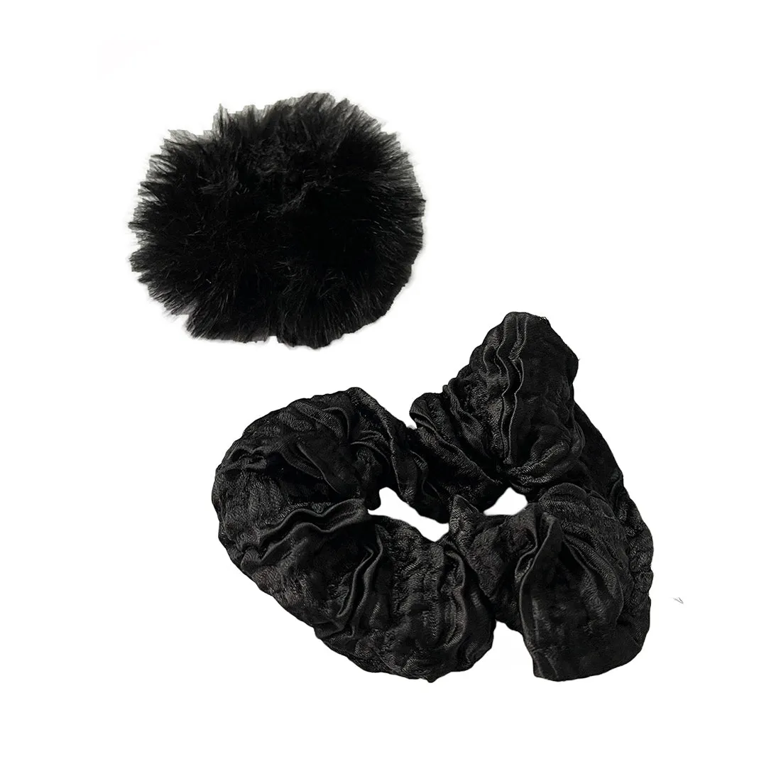 Set Of Four Velvet, Fur, Satin, Crushed Black Scrunchie Hair Ties