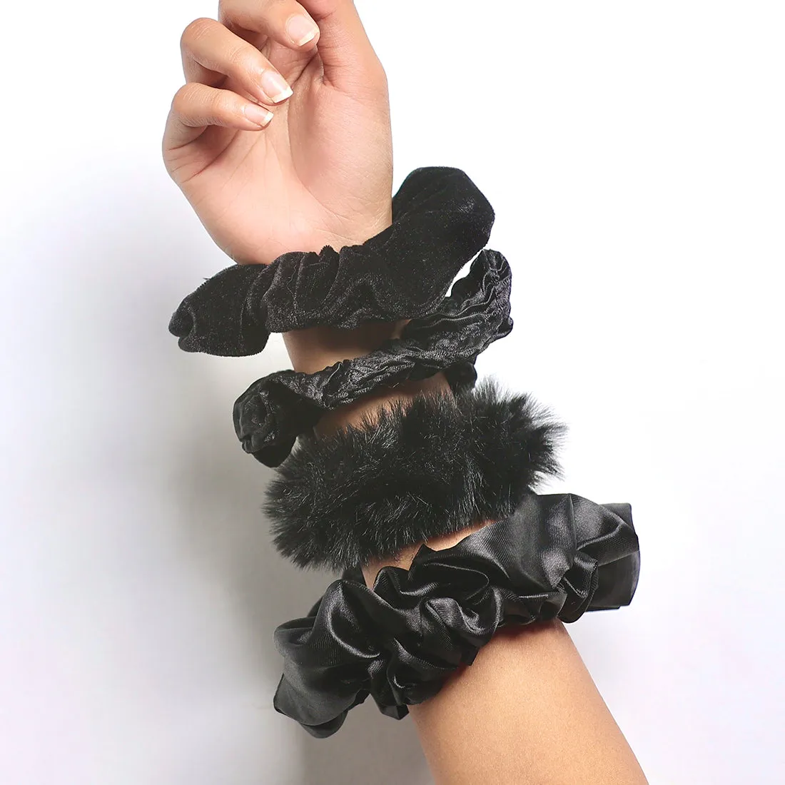 Set Of Four Velvet, Fur, Satin, Crushed Black Scrunchie Hair Ties