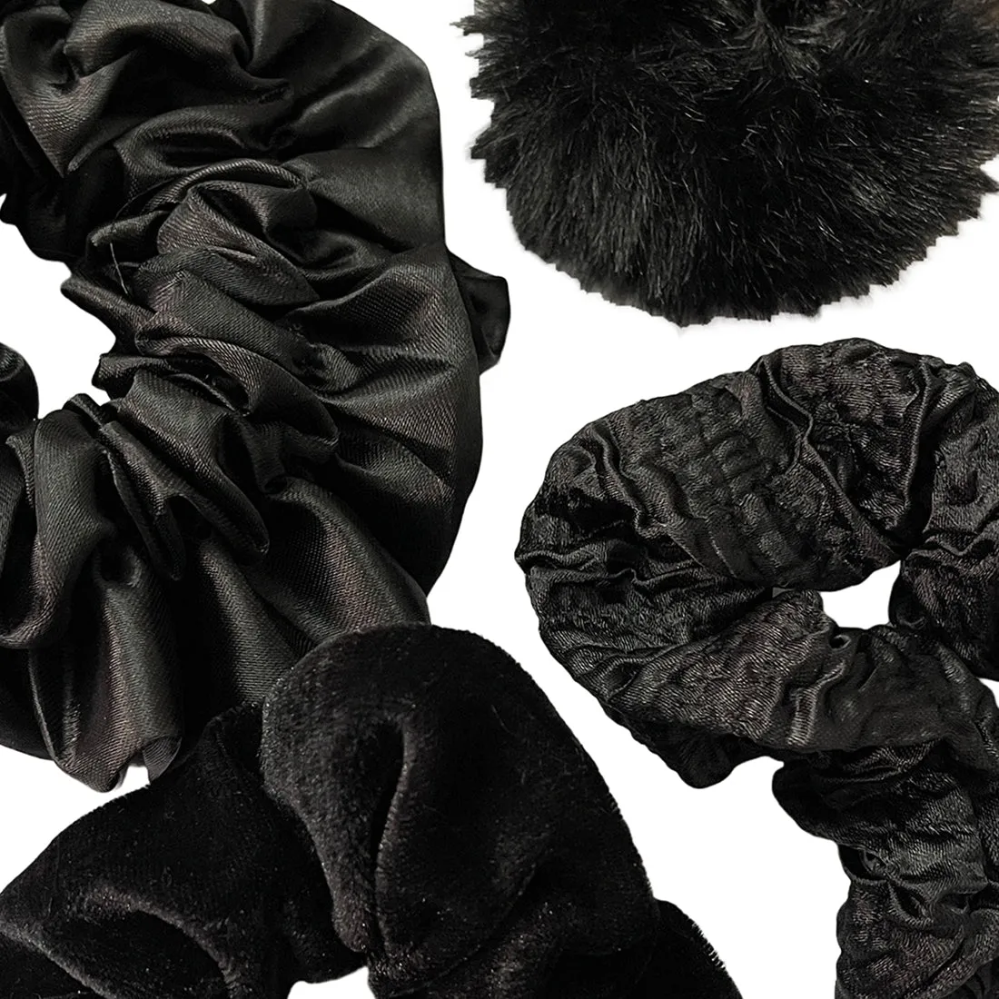 Set Of Four Velvet, Fur, Satin, Crushed Black Scrunchie Hair Ties