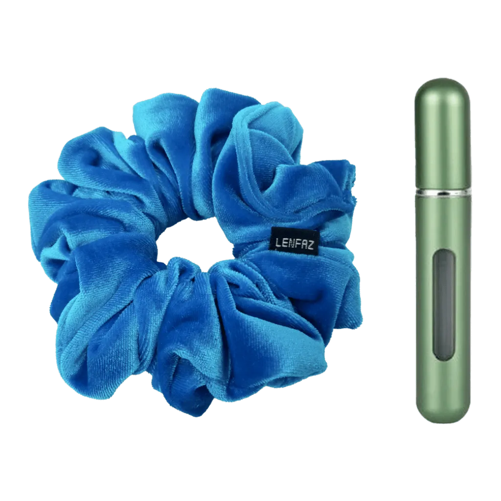 Sky Blue Velvet Scrunchie - Sage Green Mini Perfume Spray Bottle