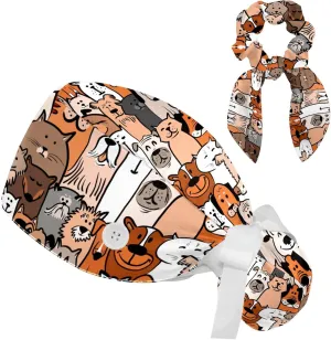 Space Cats Cute Scrub Caps Surgical Women with Button Adjustable Hats Surgical Caps with Scrunchie for Women